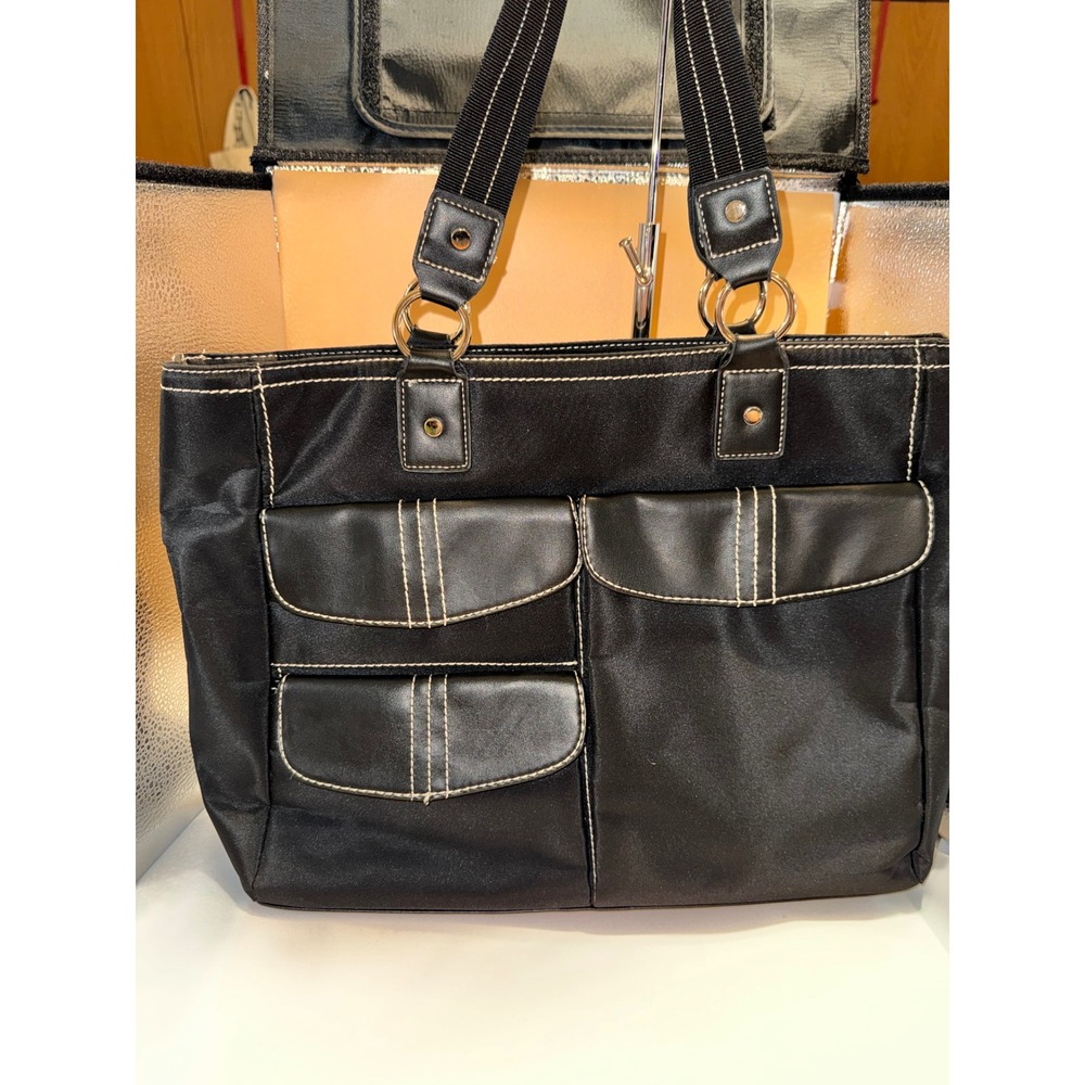 Merona Women Black Nylon Tote Bag Shoulder Purse Front Pockets White Stitching
